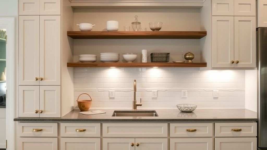 Town House Decorating Ideas: Stylish Tips for Every Space 11 Modern townhouse kitchen with open shelves and brass hardware.