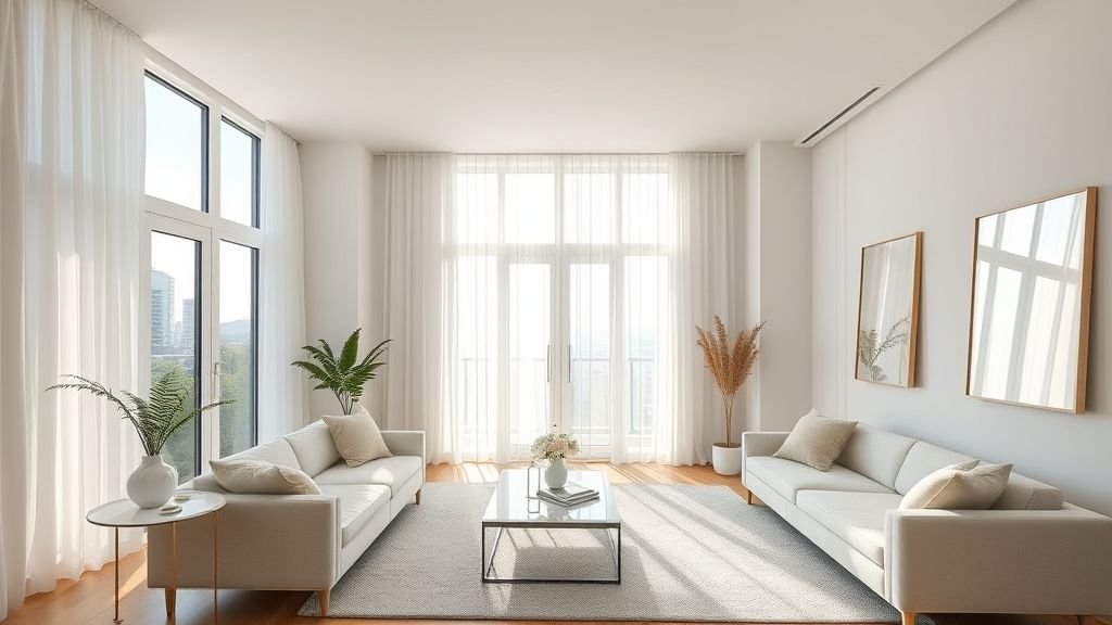 Townhouse Decorating Ideas for Modern, Stylish Living 2 Modern townhouse living room with sheer curtains and abundant natural light.