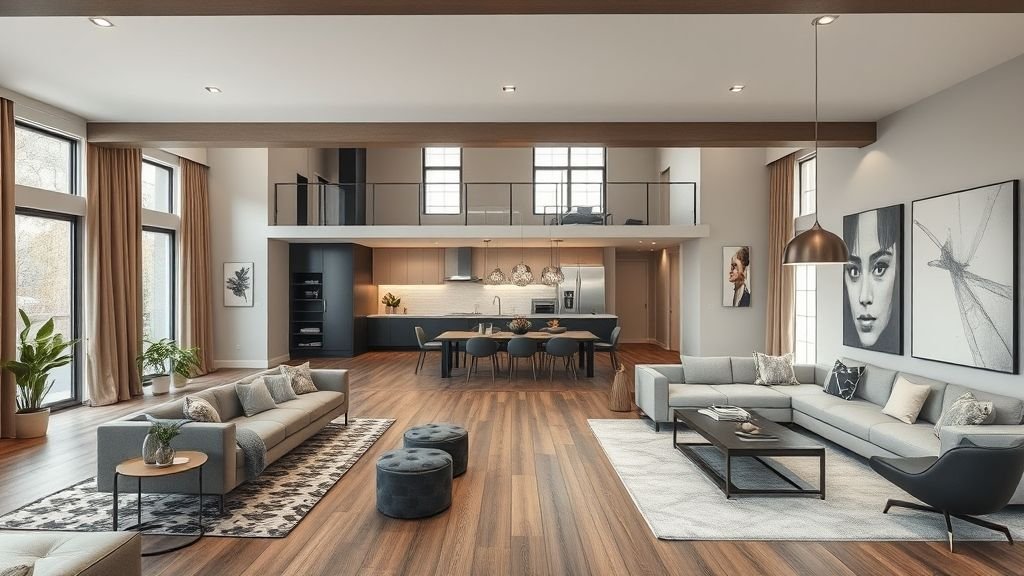 Townhouse Decorating Ideas for Modern, Stylish Living 7 Open townhouse with rugs defining living and dining spaces.