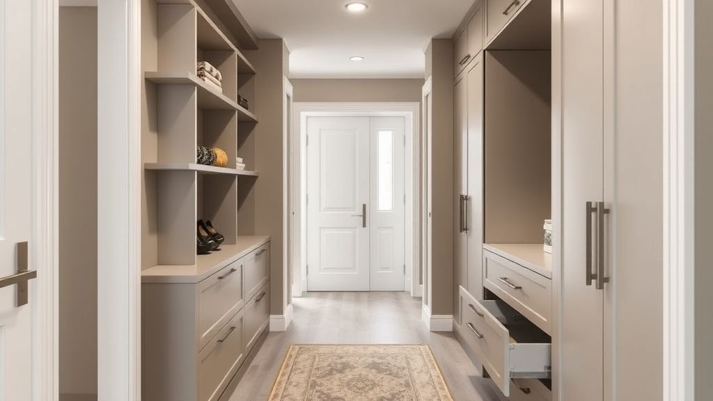 Townhouse Decorating Ideas for Modern, Stylish Living 9 Townhouse hallway with built-in storage and modern minimalist design.