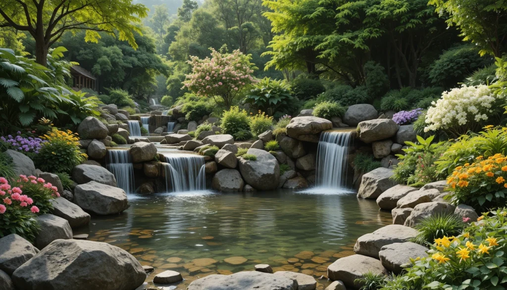 Home Garden Ideas for a Beautiful and Peaceful Outdoor Space 8 Peaceful garden with a small waterfall and pond surrounded by greenery.