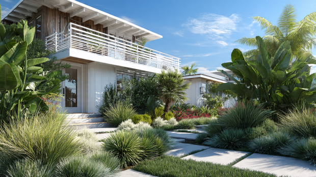 Tropical coastal house exterior framed by palm trees and lush green plants.
