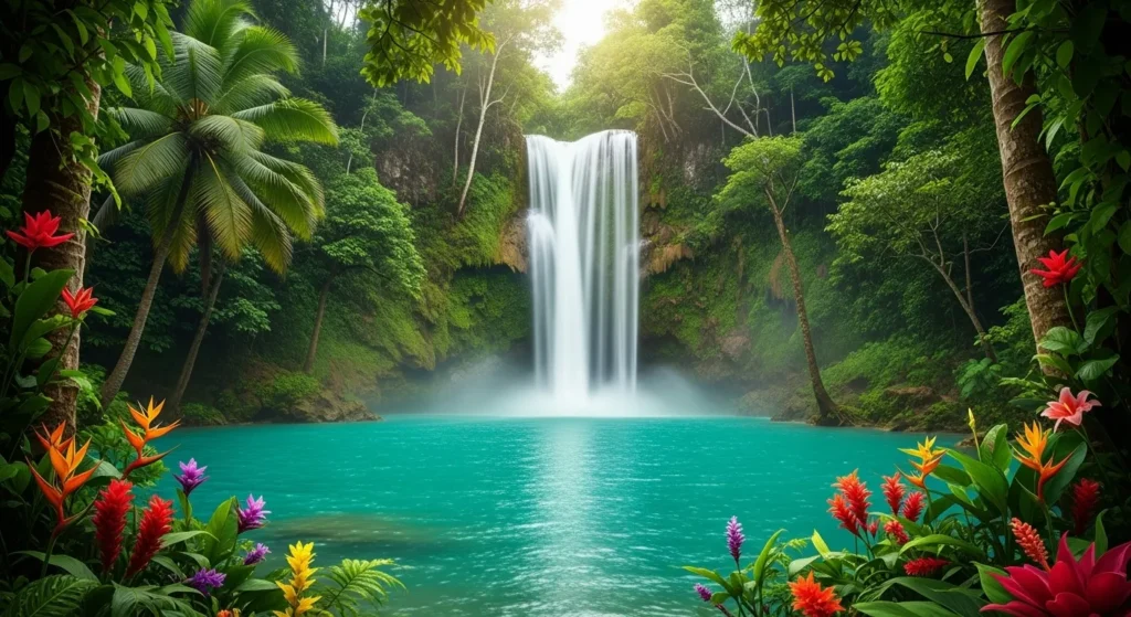 Beautiful Nature Ideas with Waterfalls 4 Tropical waterfall surrounded by lush jungle, palm trees, and turquoise pool in bright sunlight.