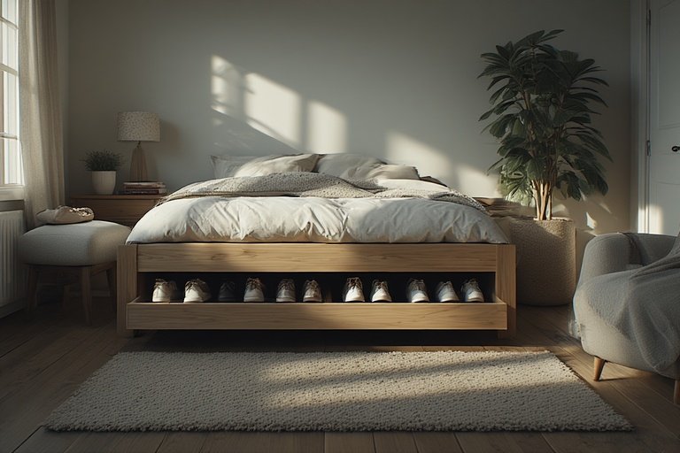 Shoe Storage Ideas for a Stylish and Organized Home 3 Bedroom with rolling under-bed drawers neatly storing shoes in a modern setting.