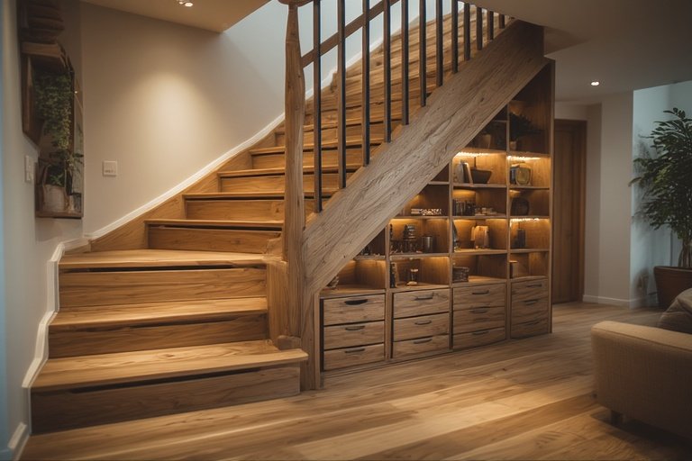 Staircase Design Ideas to Transform Your Home 9 Wooden staircase with custom under-stair storage drawers, cabinets, and bookshelf.