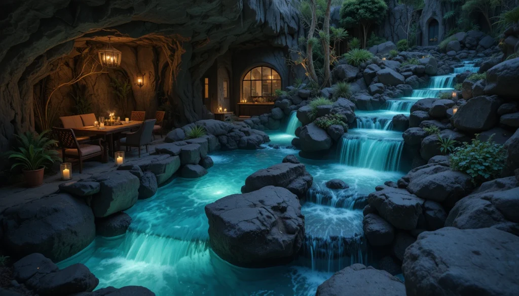 Backyard Water Features for a Tranquil Outdoor Escape 7 Subterranean-style glowing turquoise water garden with volcanic rock design