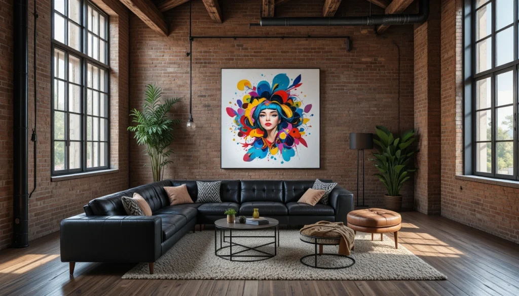 12 Stunning Black Couch Living Room Ideas with Style 13 Urban loft living room with black leather sofa, brick wall, and colorful modern artwork.