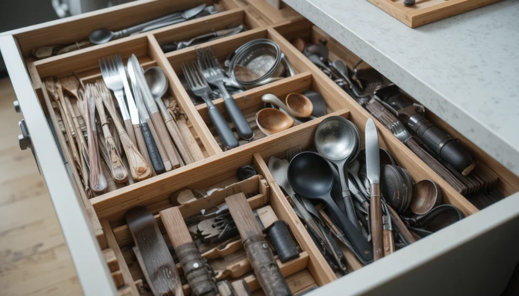 Kitchen Organization Ideas for a Beautiful and Functional Home 7 Kitchen drawer organized with wooden dividers separating utensils and cooking tools.
