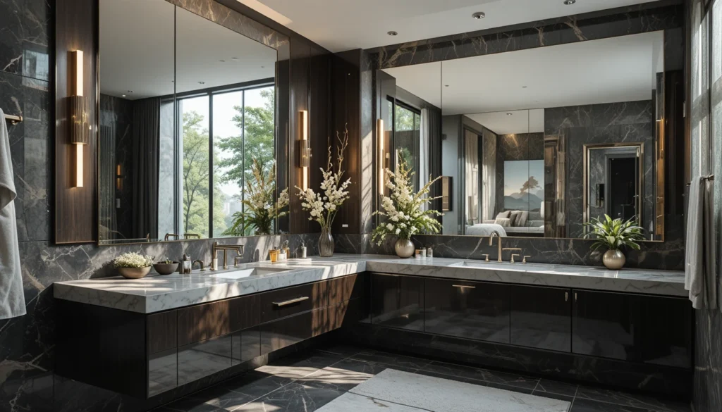 Luxury Bathroom & Shower Design Ideas 7 Large mirrors in luxury bathroom reflecting light to create a spacious look.