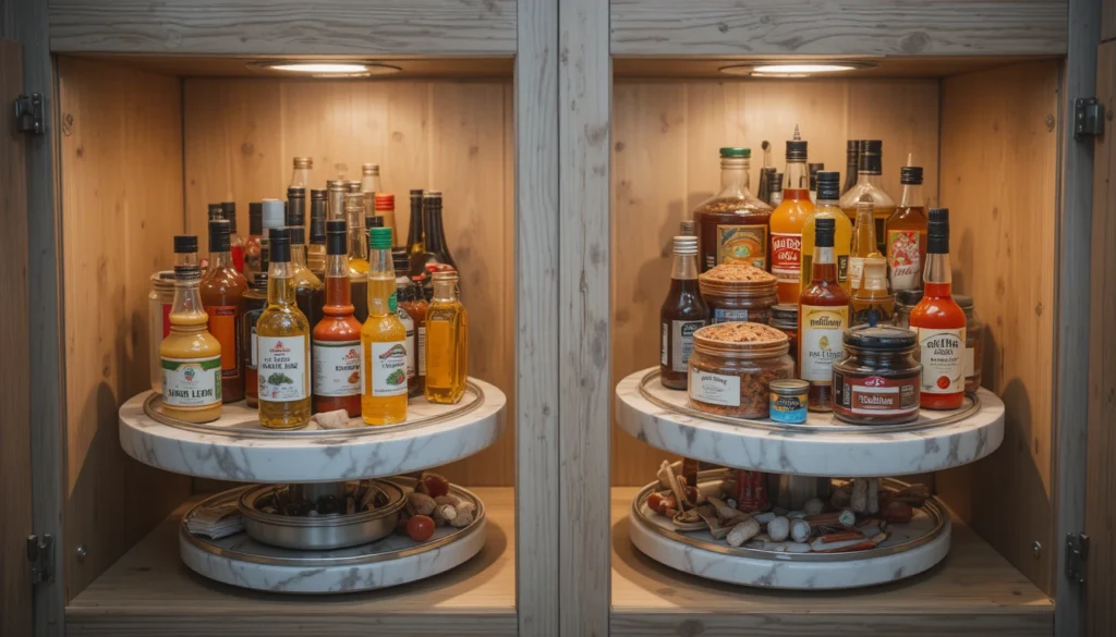 Kitchen Organization Ideas for a Beautiful and Functional Home 9 Kitchen cabinet with lazy susans organizing condiments and sauces efficiently.