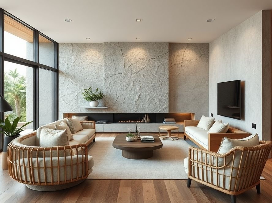 Modern Living Room Designs: Stylish Ideas for a Contemporary Home 7 Modern living room with natural materials like wood, stone, and linen for organic warmth.