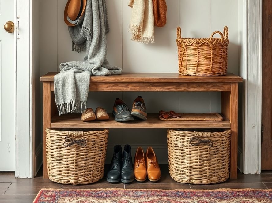 Rustic Entryway Ideas: Transform Your Home’s First Impression 5 Woven baskets under a wooden bench used for stylish rustic entryway storage.