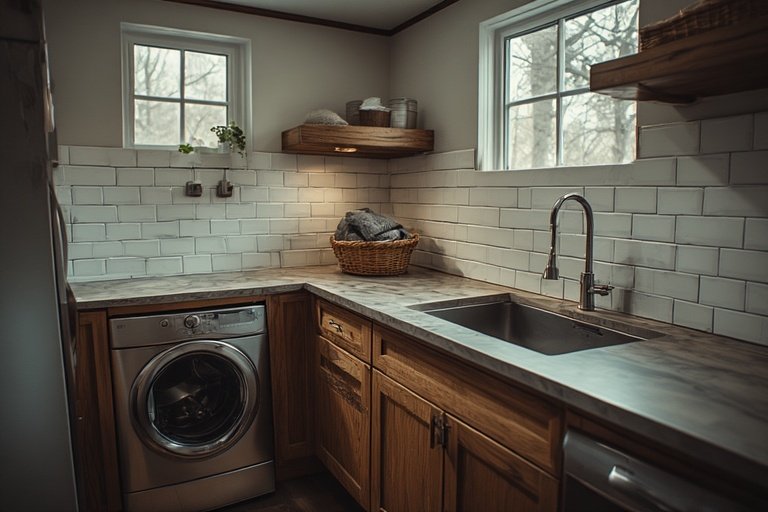 Laundry Room Ideas for Organized and Stylish Living 11 Laundry room with deep sink, oak cabinetry, and tiled backsplash.