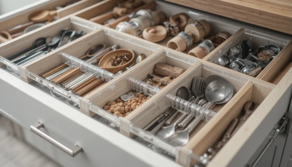 Kitchen Organization Ideas for a Beautiful and Functional Home 4 Kitchen drawer with dividers organizing utensils, spices, and tools.