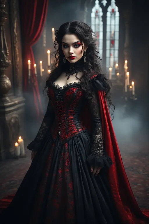 Trendy Halloween Outfit Ideas for a Stylish Spooky Season 3 A model wearing a red and black gown with a cape and fangs, embodying the 2025 “Vampire Queen” Halloween trend.