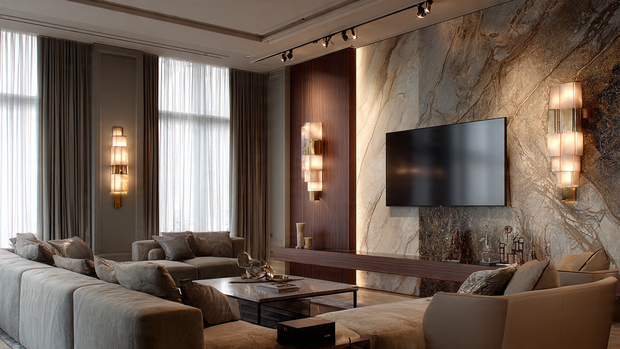 A stylish modern living room with vertical lighting emphasizing a TV wall’s texture and design.