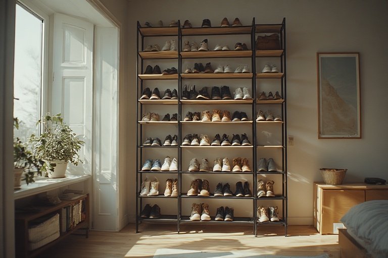 Shoe Storage Ideas for a Stylish and Organized Home 5 Tall metal and wood shoe tower organizing shoes in a compact modern space.