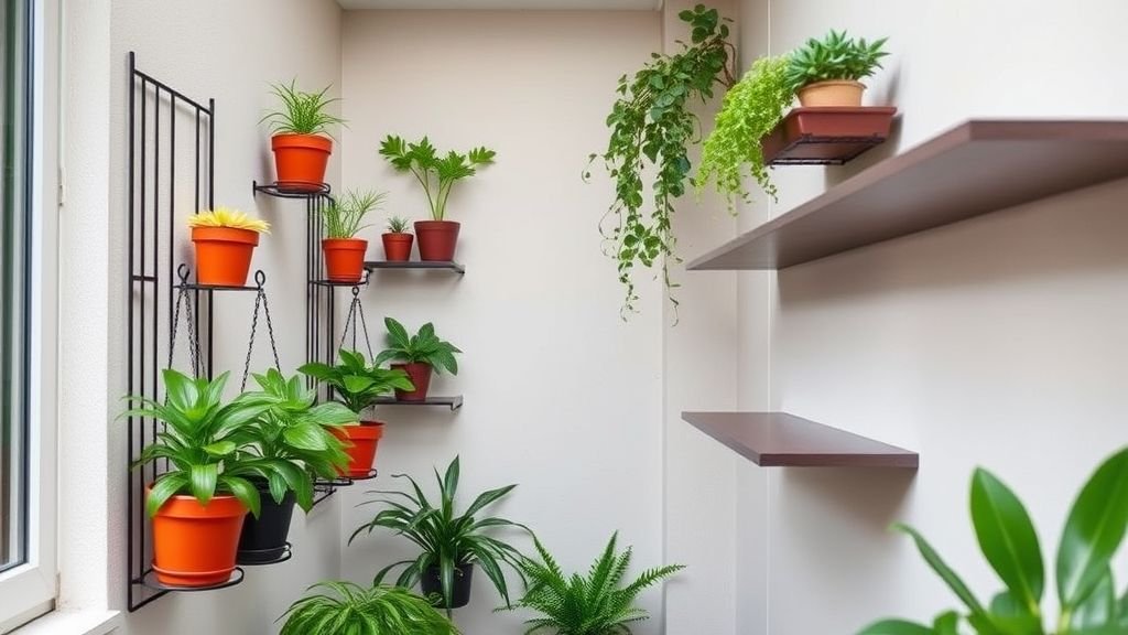 16 Stylish Balcony Ideas to Elevate Your Home Design 9 Balcony with vertical plant racks and hanging pots maximizing small space.