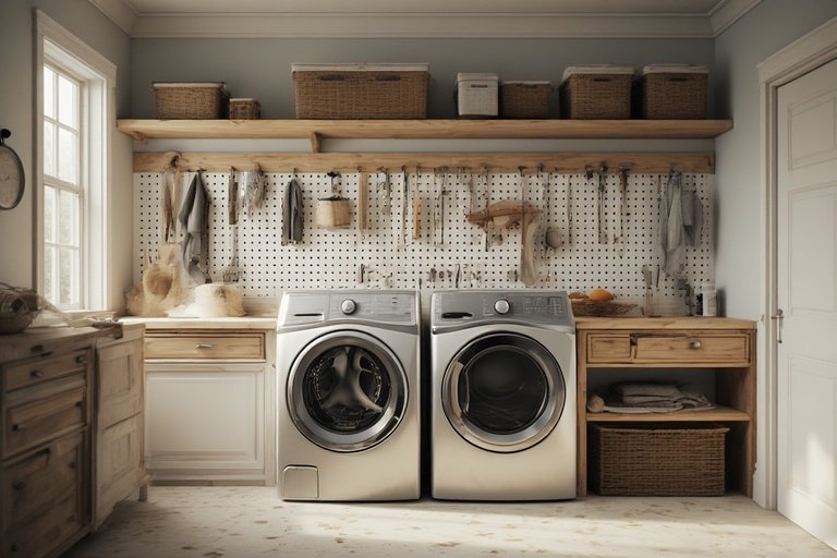 Laundry Room Ideas for Organized and Stylish Living 8 Laundry wall with tall shelves, pegboard, and metal baskets.