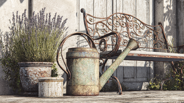 16 Timeless Cottage Decor Ideas to Warm Up Your Space 15 Cottage garden with vintage watering can and wrought-iron bench.