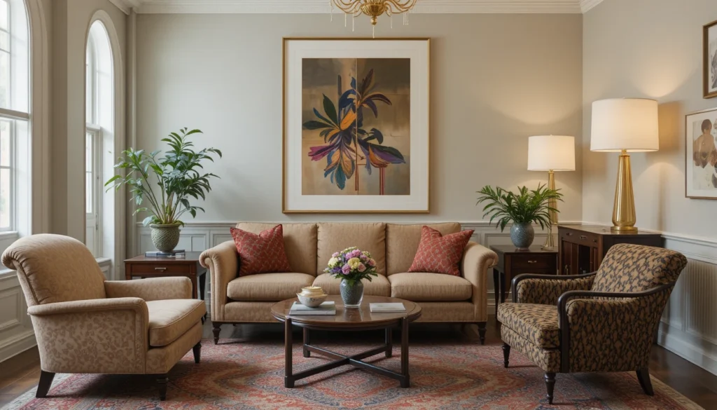Cozy Home Interiors for Warm and Inviting Spaces 11 Home interior mixing vintage and modern furniture with warm tones.