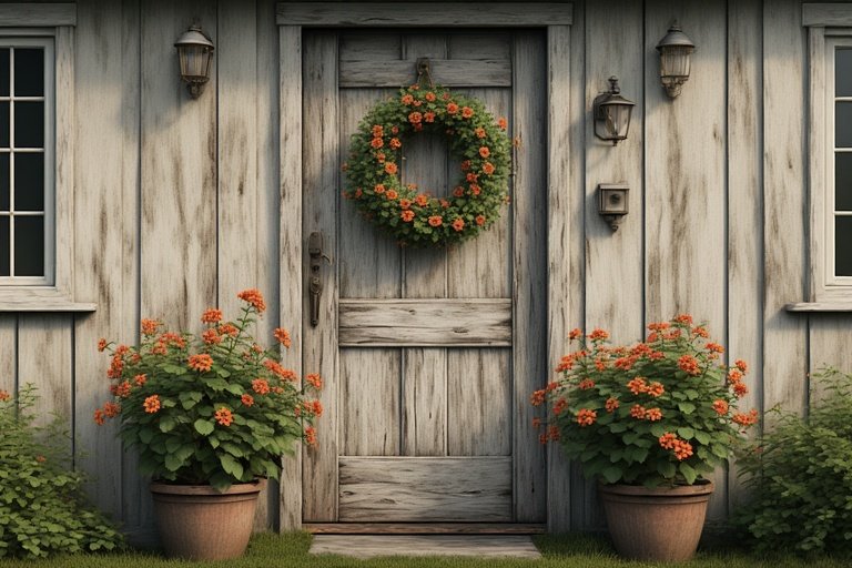 16 Timeless Cottage Decor Ideas to Warm Up Your Space 6 Rustic cottage door decorated with flowers and a vintage metal handle.