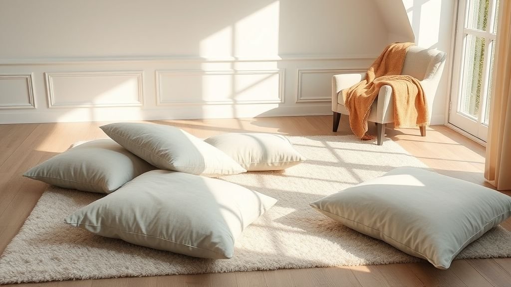 Cozy Home Interiors That Speak Emotion and Style 6 Cozy living room with oversized pillows, draped throw, and sunlight spilling on soft rugs.