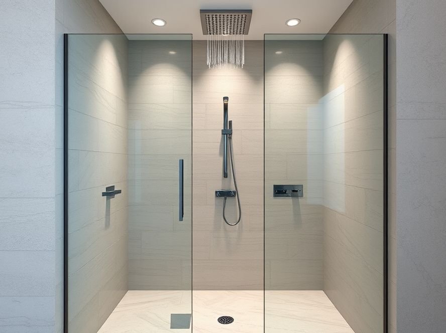 Luxury Bathroom & Shower Design Ideas 3 Walk-in shower with frameless glass enclosure and rainfall showerhead in a luxury bathroom.