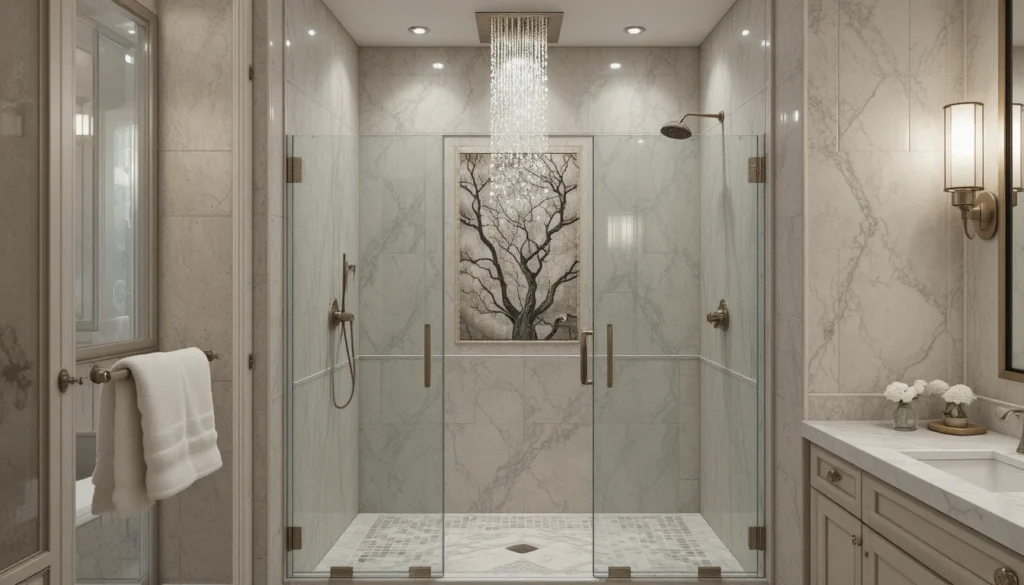Luxury Bathroom & Shower Design Ideas 5 Luxury walk-in shower with frameless glass enclosure and rainfall showerhead.