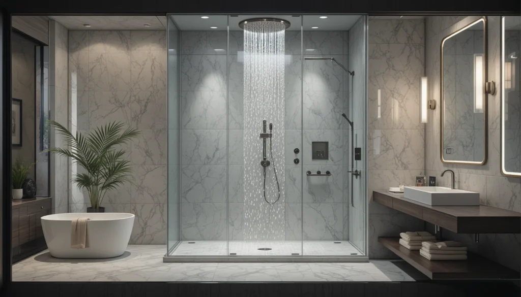 Luxury Bathrooms Inspiration 8 Walk-in shower with glass enclosure in a modern luxury bathroom.