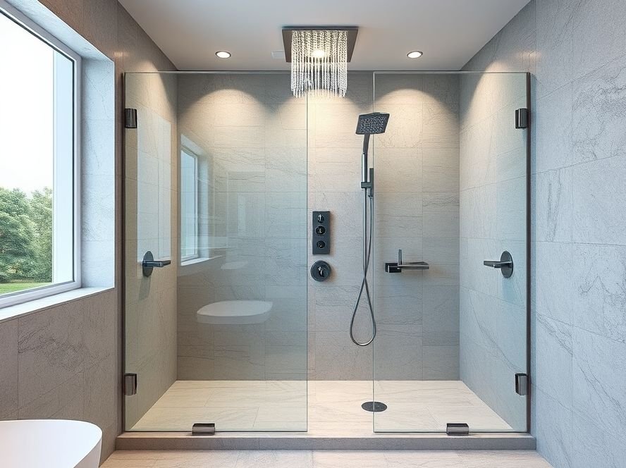 Walk-in shower with frameless glass enclosures and rainfall showerhead in a modern bathroom.