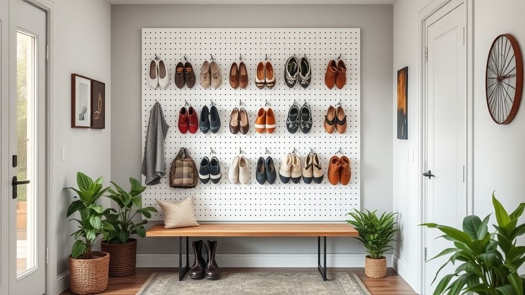 Shoe Storage Ideas for Stylish and Organized Homes 14 White wall-mounted pegboard creatively displaying shoes in a modern entryway.