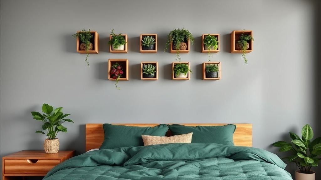 Plant Lover Bedroom Ideas: Bring Nature Into Your Sleep Sanctuary 10 Modern bedroom with wall-mounted geometric planters and forest green bedding.
