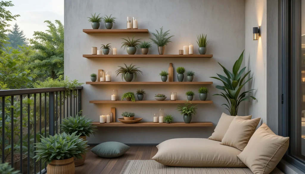 Balcony Ideas Apartment: Transform Your Outdoor Space 13 Apartment balcony with floating shelves, green plants, and beige cushions for a cozy feel.