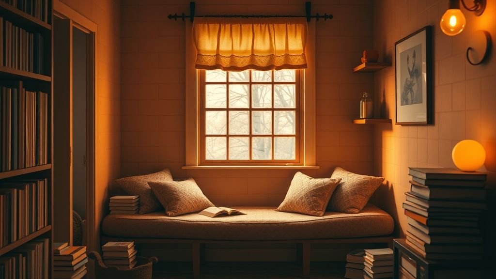 Cozy Reading Nook Ideas for a Peaceful Escape 14 Amber-lit reading nook with window bench and books.
