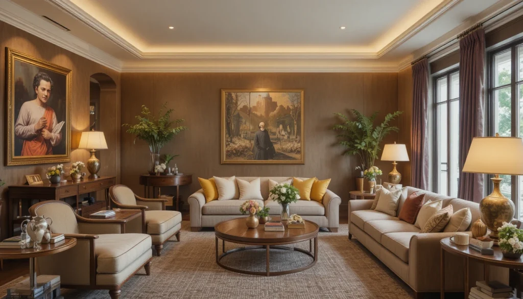 Cozy Home Interiors for Warm and Inviting Spaces 13 Cozy interior with warm-toned art and brass décor accents.