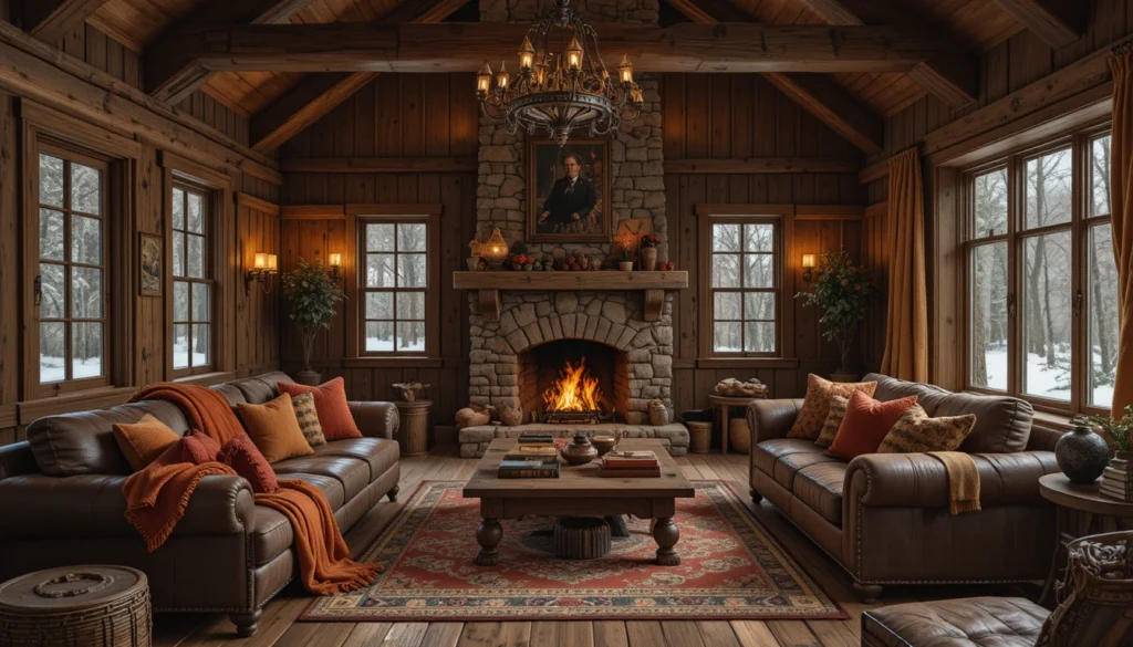 Rustic Cabin Interiors: Cozy Charm and Timeless Design Ideas 4 Rustic cabin interior with warm earthy color palette and soft amber lighting for a cozy atmosphere.