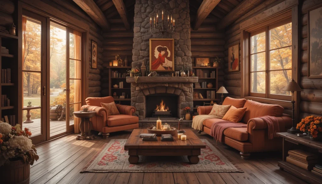 Rustic Cabin Interiors: Cozy Charm and Timeless Design Ideas 3 Warm color palette with earthy and amber tones for a cozy rustic cabin interior.