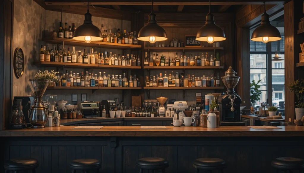 Coffee Bar Ideas for a Stylish and Cozy Home Setup 4 Warmly lit home coffee bar with wooden counter and ambient lighting.