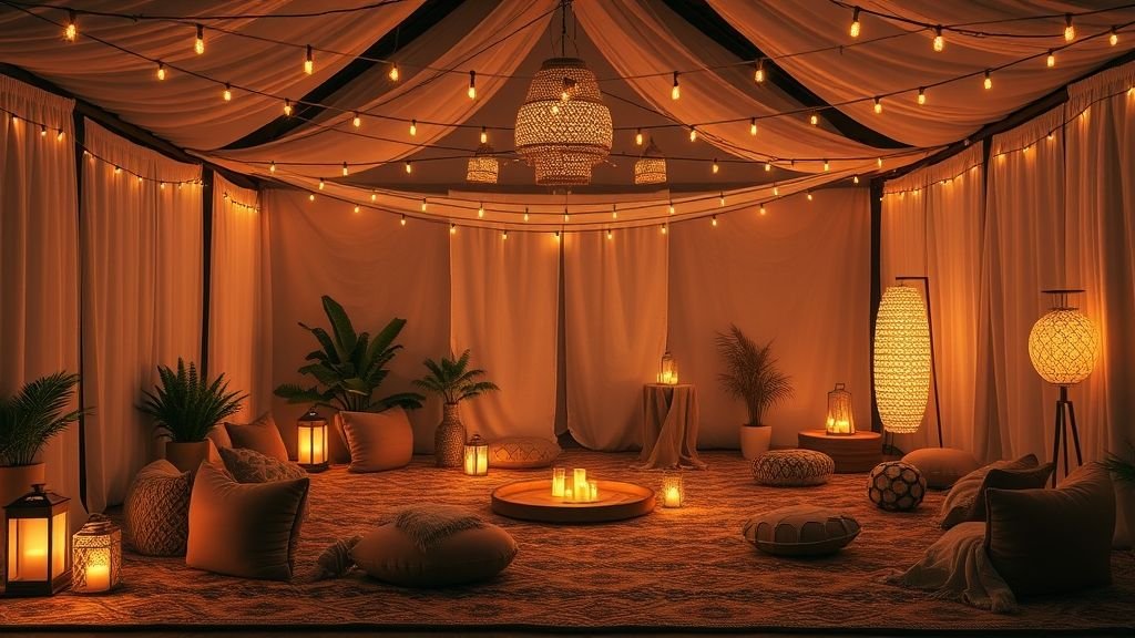 Stylish Floor Seating Ideas for Cozy Spaces 5 Floor seating area with soft string lights and warm ambient lighting.