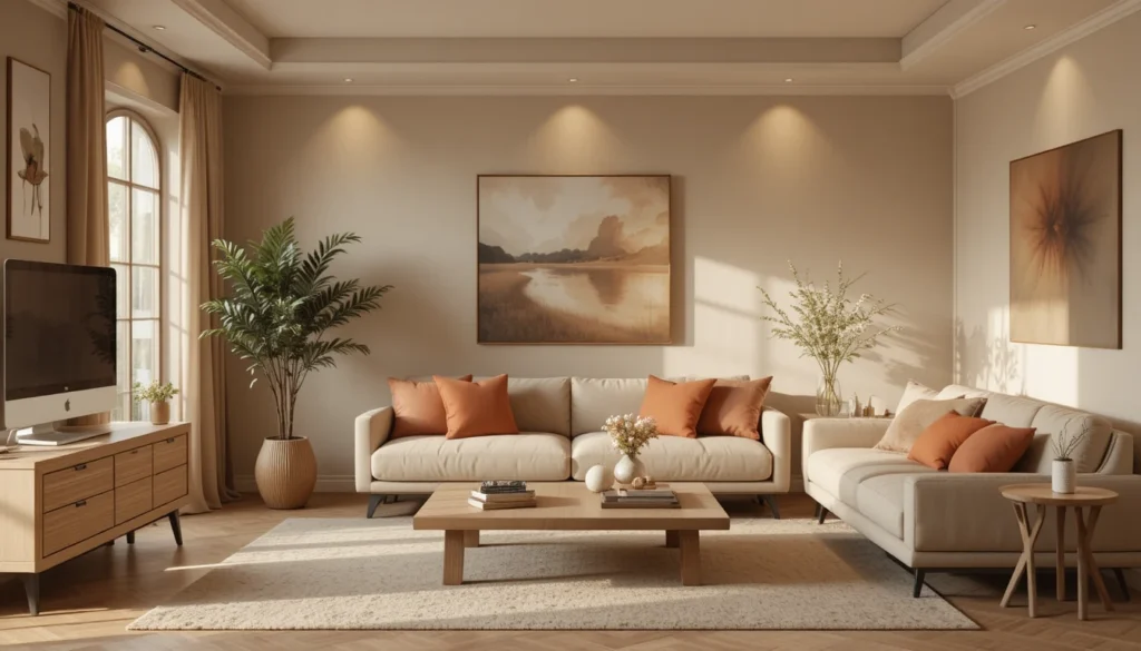 16 Affordable Cozy Home Decor for Modern Interiors 2 Modern cozy living room with beige and taupe color palette and terracotta accents
