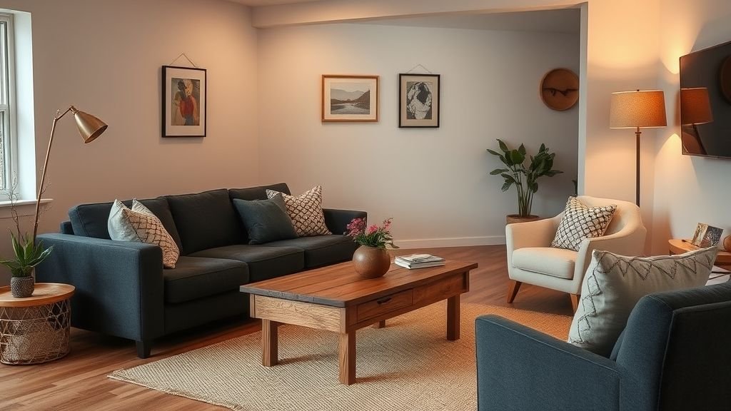 12 Stunning Black Couch Living Room Ideas with Style 3 Black couch with oak coffee table and beige rug in a cozy wooden-themed living room.