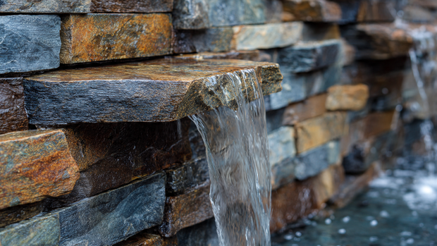 16 Natural Stone Waterfall for Hillside Beauty and Relaxation 3 Water cascading over granite, slate, and limestone stones in a natural hillside waterfall.