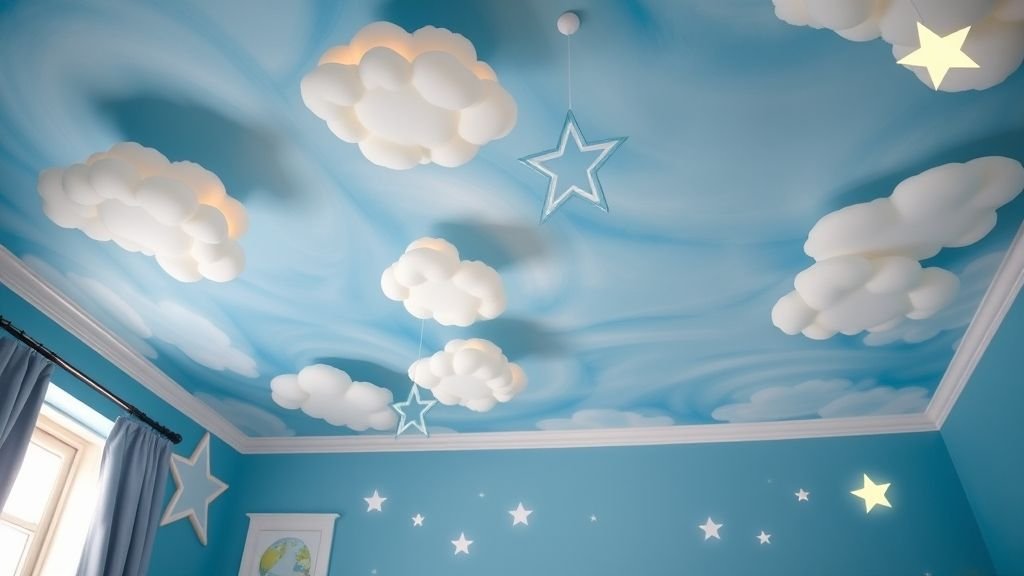 16 Whimsical Kids Room Ideas to Brighten Your Home Decor 14 Kids room ceiling with hanging clouds and star decals.