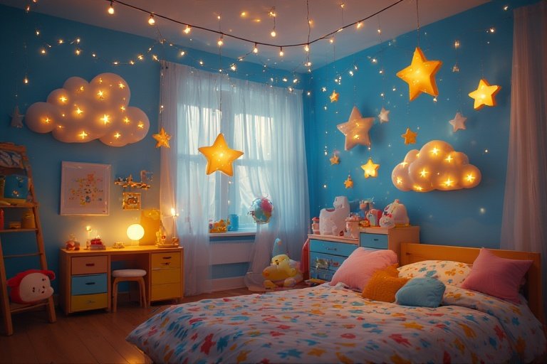 16 Whimsical Kids Room Ideas to Brighten Your Home Decor 7 Kids room with star-shaped lights, fairy lights, and glowing cloud lamps.