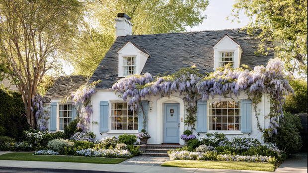 16 Timeless Cottage Decor Ideas to Warm Up Your Space 5 White cottage with blue shutters and wisteria vines cascading around the windows.