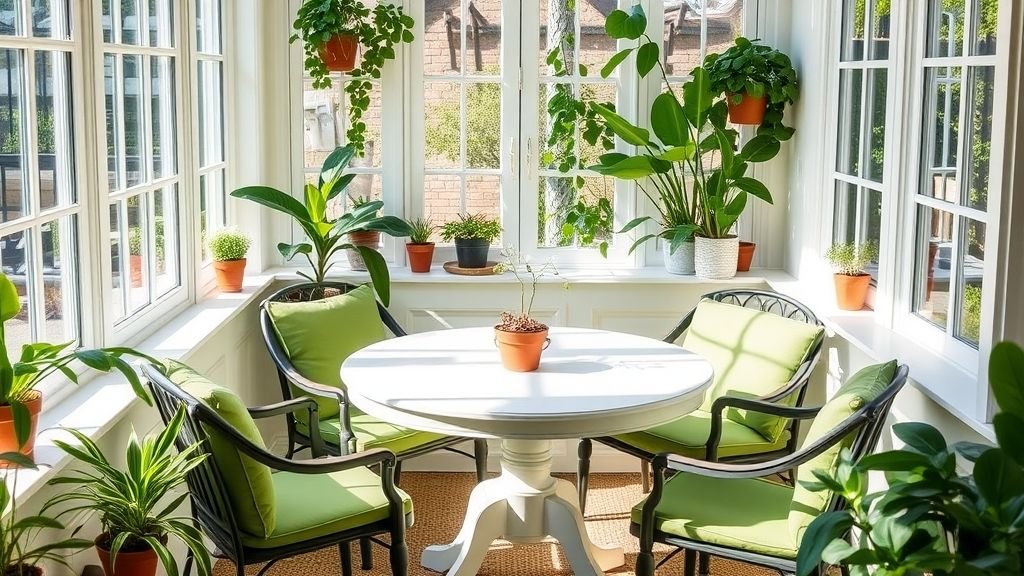 Sunroom Design Ideas for Bright and Relaxing Spaces 15 white and green sunroom with round dining table and lush plants