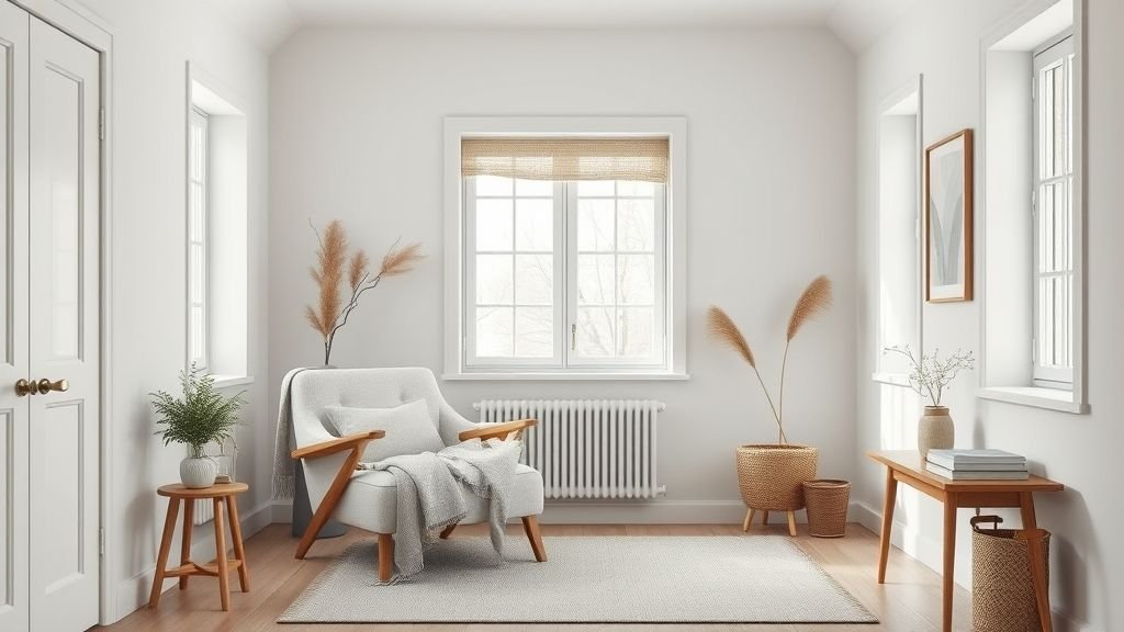 Cozy Reading Nook Ideas for a Peaceful Escape 11 Scandinavian white reading nook with wooden accents and linen chair.