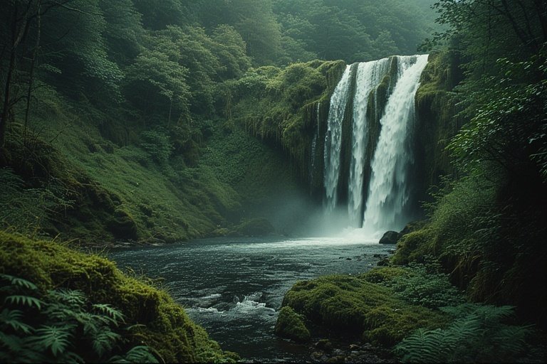 Waterfall Ideas for Hillside Landscapes 6 Hillside waterfall surrounded by wild greenery, moss, and soft ferns.