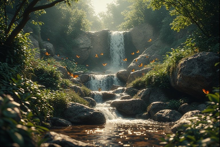 Waterfall Ideas for Hillside Landscapes 12 Hillside waterfall surrounded by wildlife, birds, and native plants.